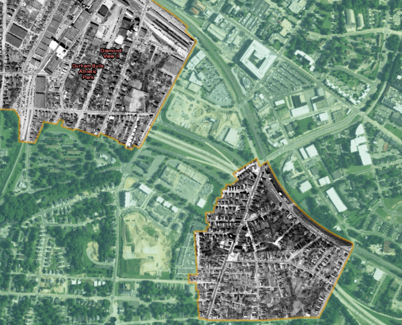 Map showing 1955 aerial photographs of Hayti neighborhood of Durham, North Carolina