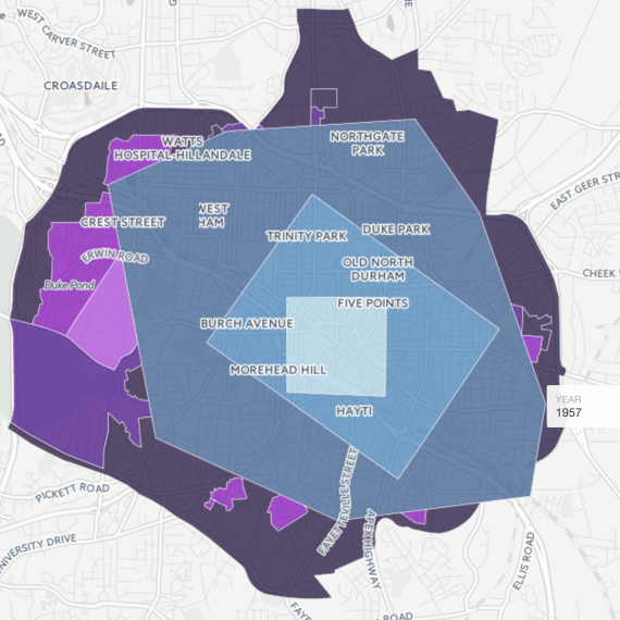 Map showing boundaries of Durham, North Carolina over time