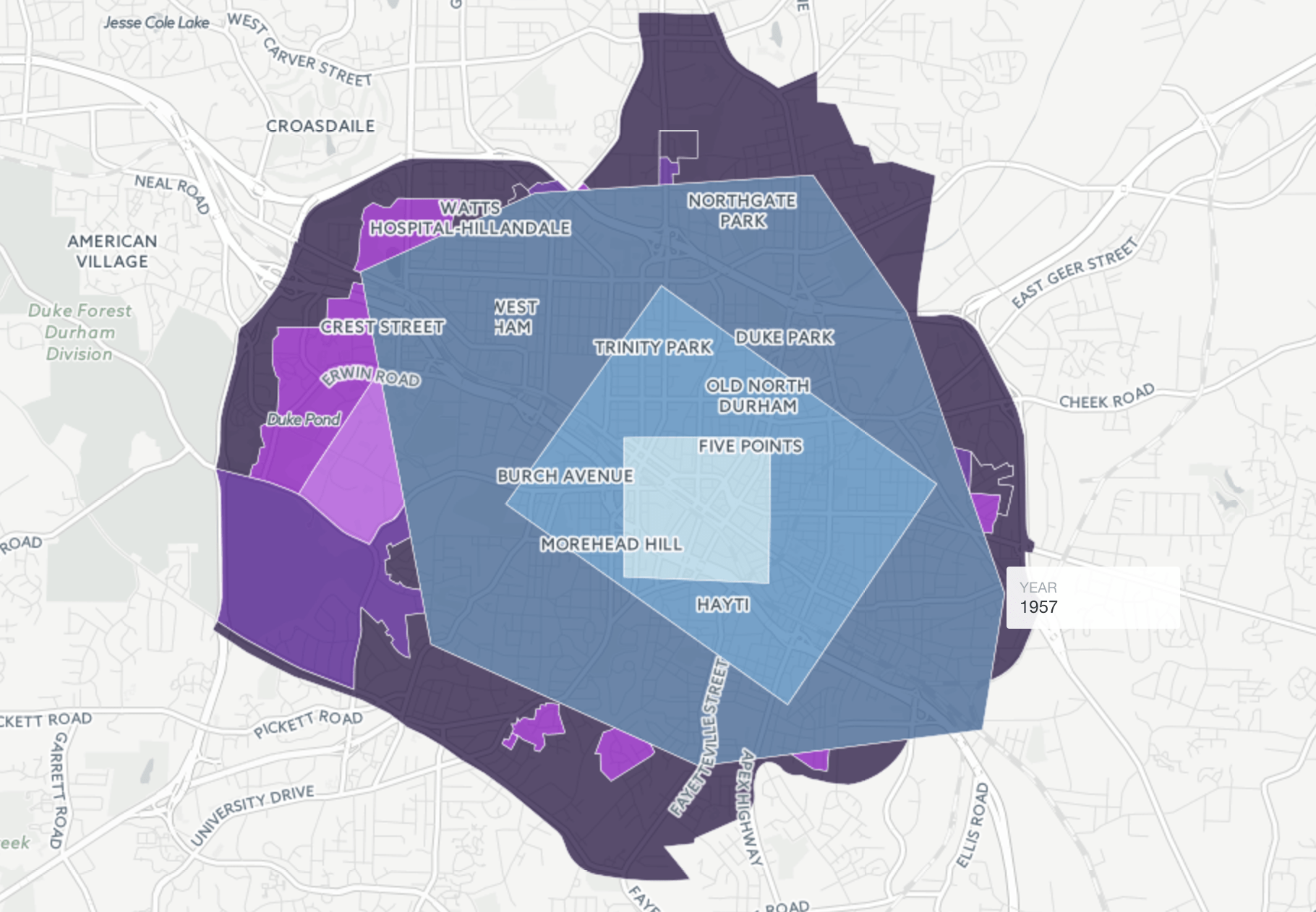 Map showing boundaries of Durham, North Carolina over time